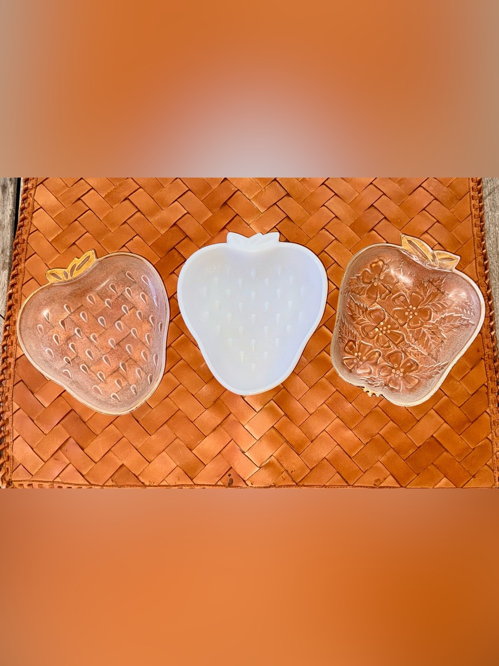 Vtg Hazel Atlas Fruit Dishes Set of 3 Apple Blossom Strawberry Milk Glass MCM